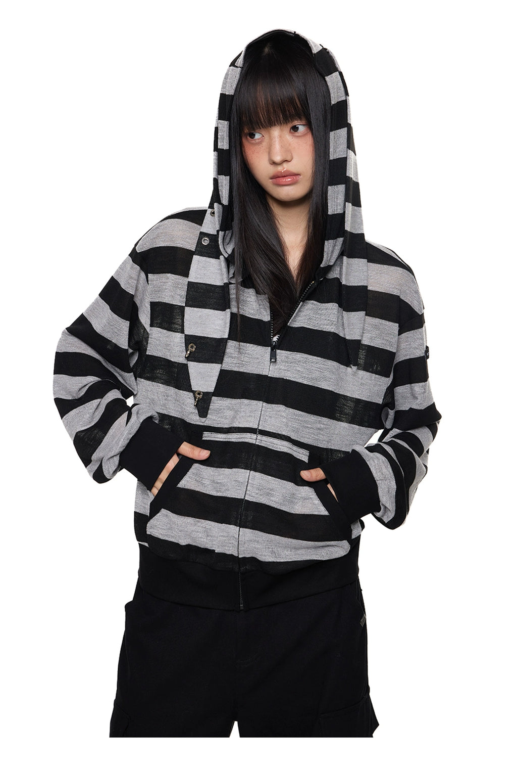 EZEK Rabbit Ear Striped Hooded Light Long-sleeved Cardigan