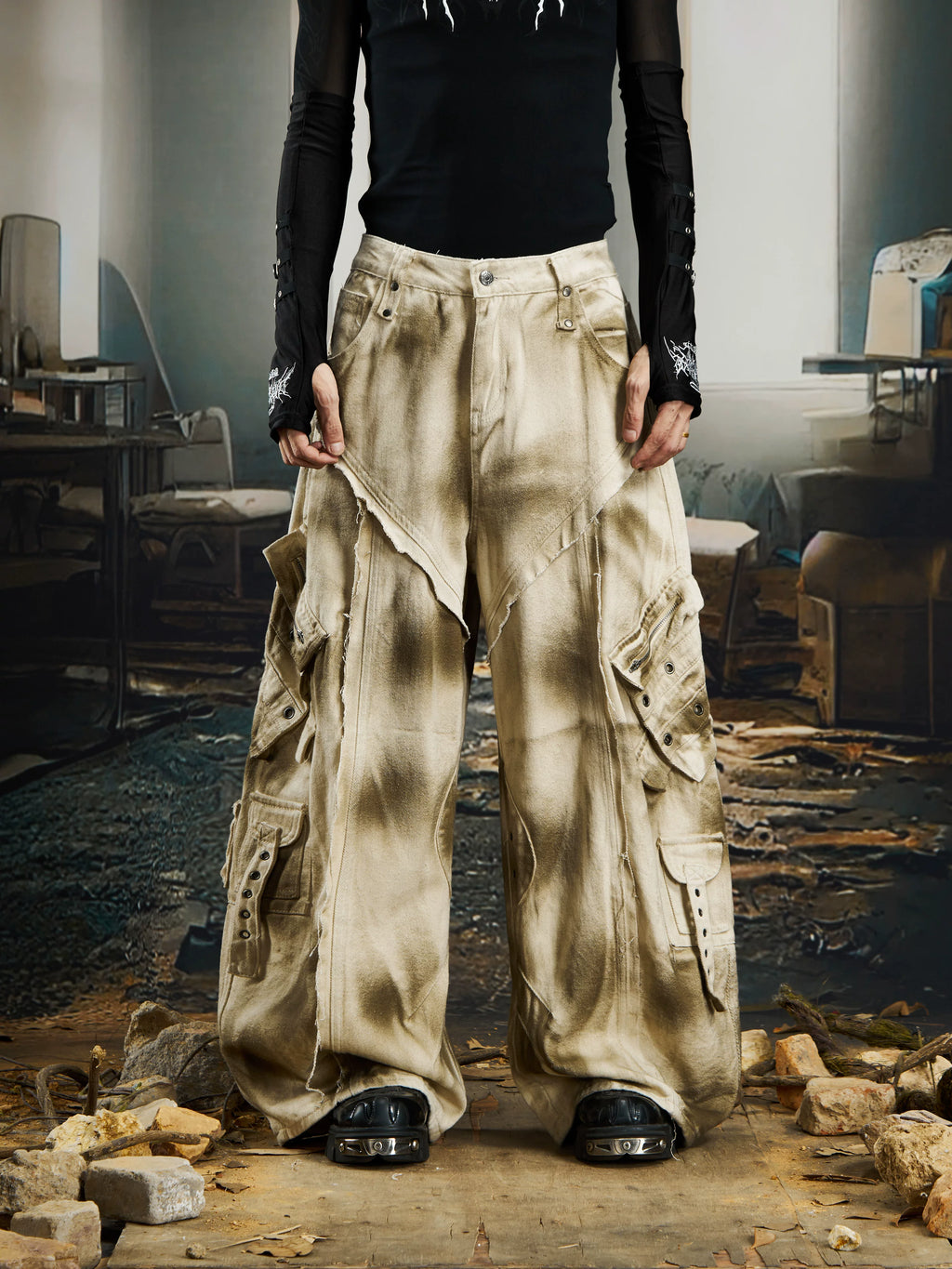 NOMANIAI Inkjet Washing Water Multi-pocket Wasteland Wind Overalls Jeans