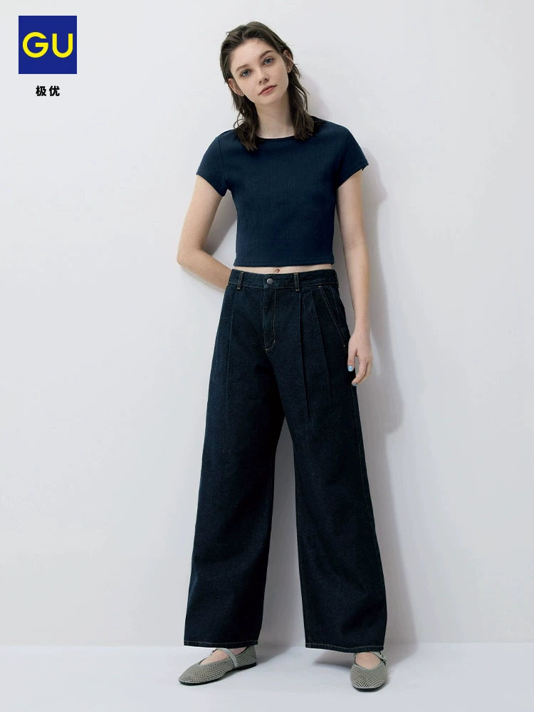 GU Denim Pleated High-waisted Loose Trousers