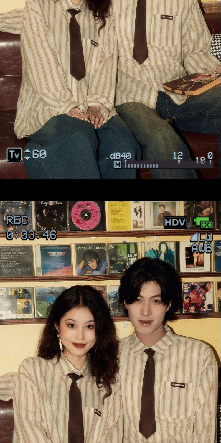 ALOHA Vintage Hong Kong Style Tie Long Sleeve Striped Shirt