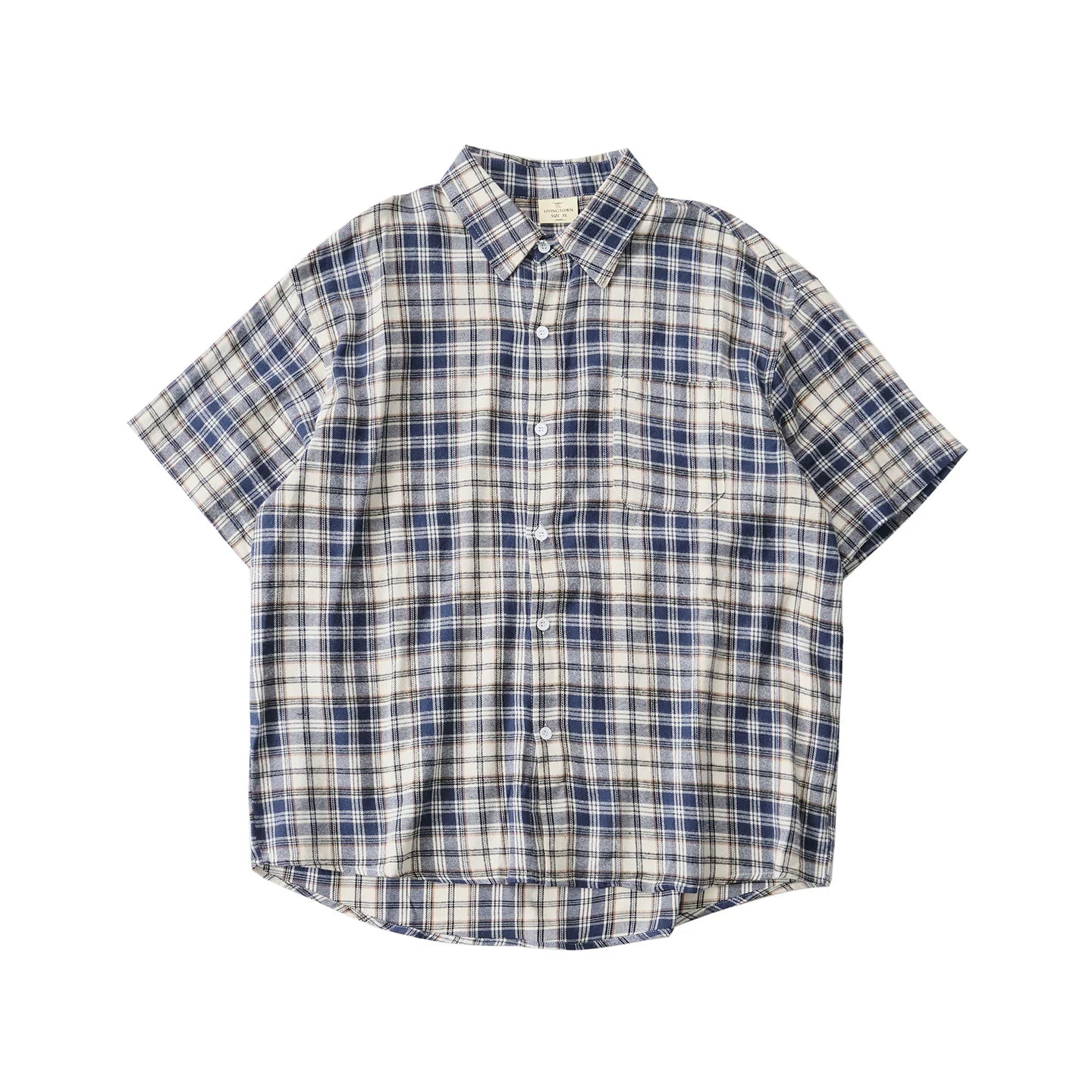 LIVINGTOWN Simple and Versatile Color-blocked Plaid Short-sleeve Shirt