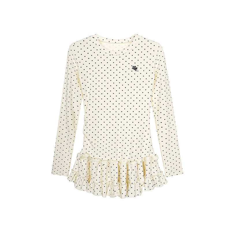 Mershier Polka Dot Full Print One-piece Pleated Skirt Long Sleeve