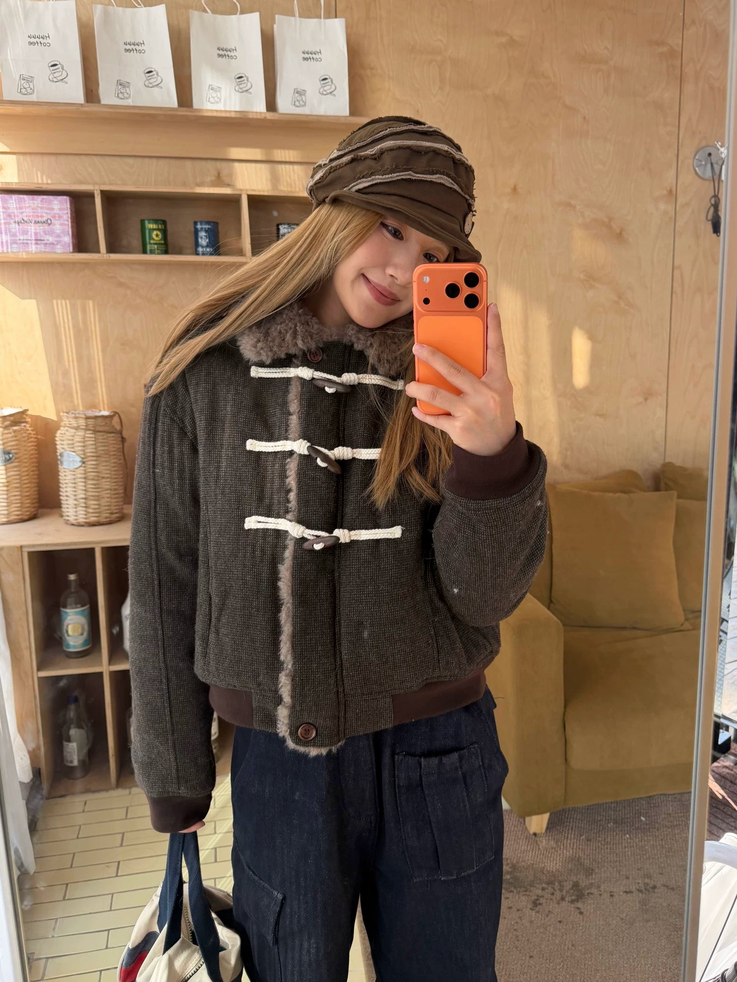 CCYE Horn Buckle Fur Collar Lamb Wool Thick Coat
