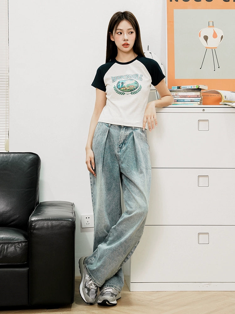 RPB BRAND Straight Shoulder Contrast Color Ragglar Sleeve Slim Tee