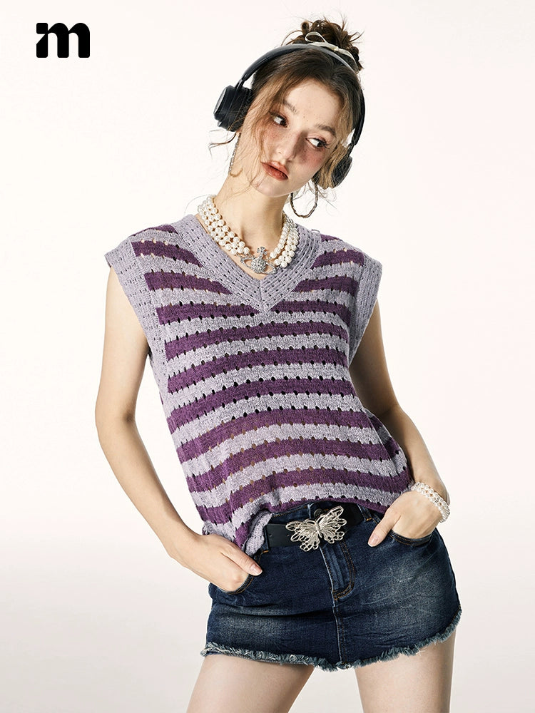 IMONE One Size V-Neck Knitted Striped Vest