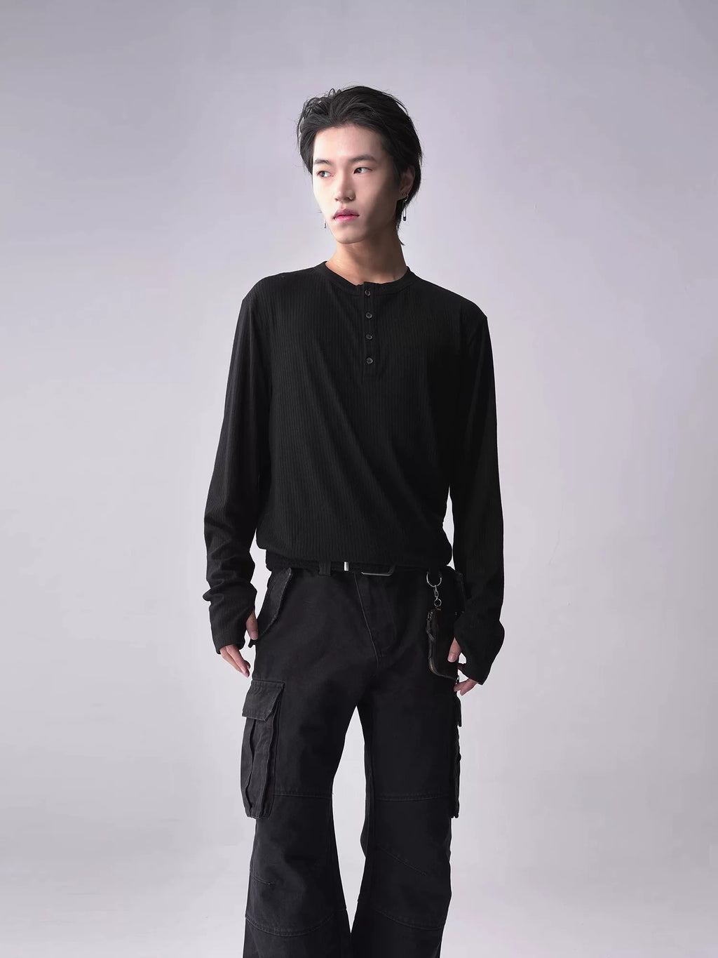 SOUTHFISH Casual Henry Neck Stretch Long Sleeve