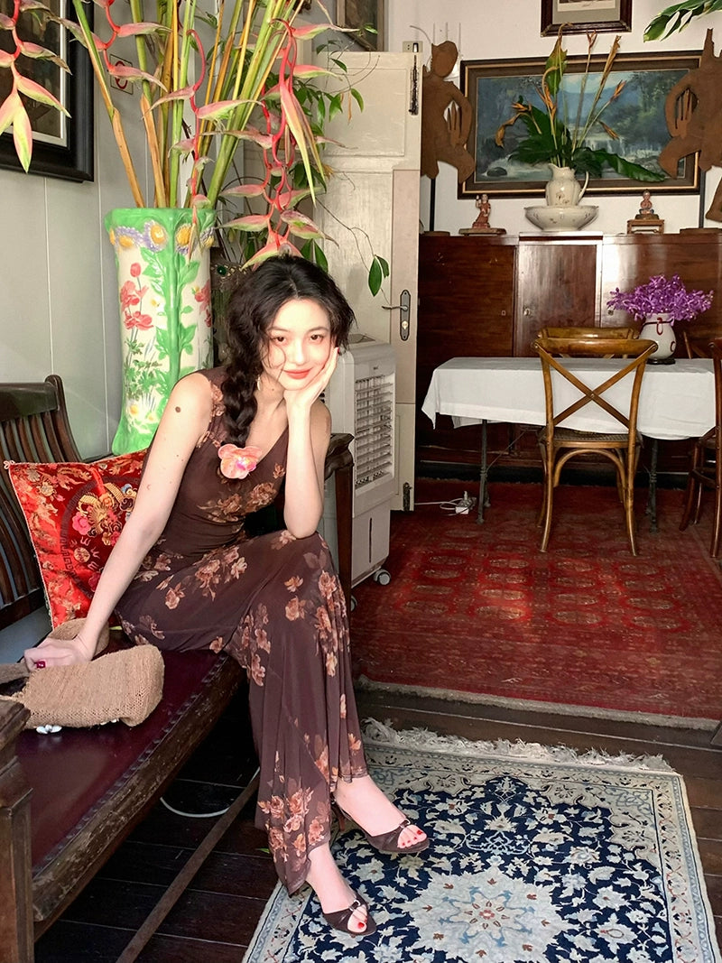 KELIFAN Retro Medieval Mesh Print Skirt