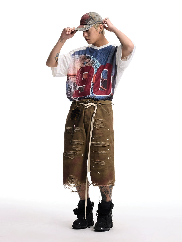 CoosRetro Vintage Street Print V-Neck Jersey Tee