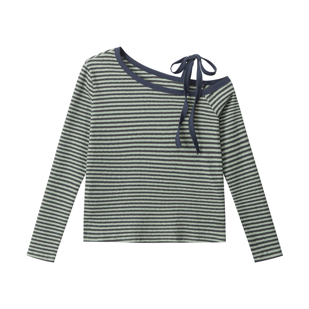 Nariele Vintage Slant Neck Striped Slim Sleeve