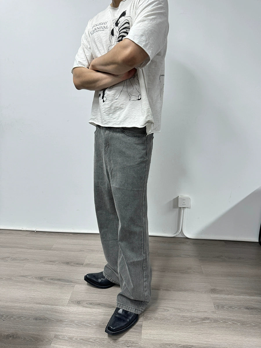 JCAESAR Straight Tube Slightly Wide Old Jeans