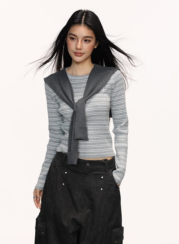 Cherry Melody Striped Contrasting Color Versatile Long Sleeve