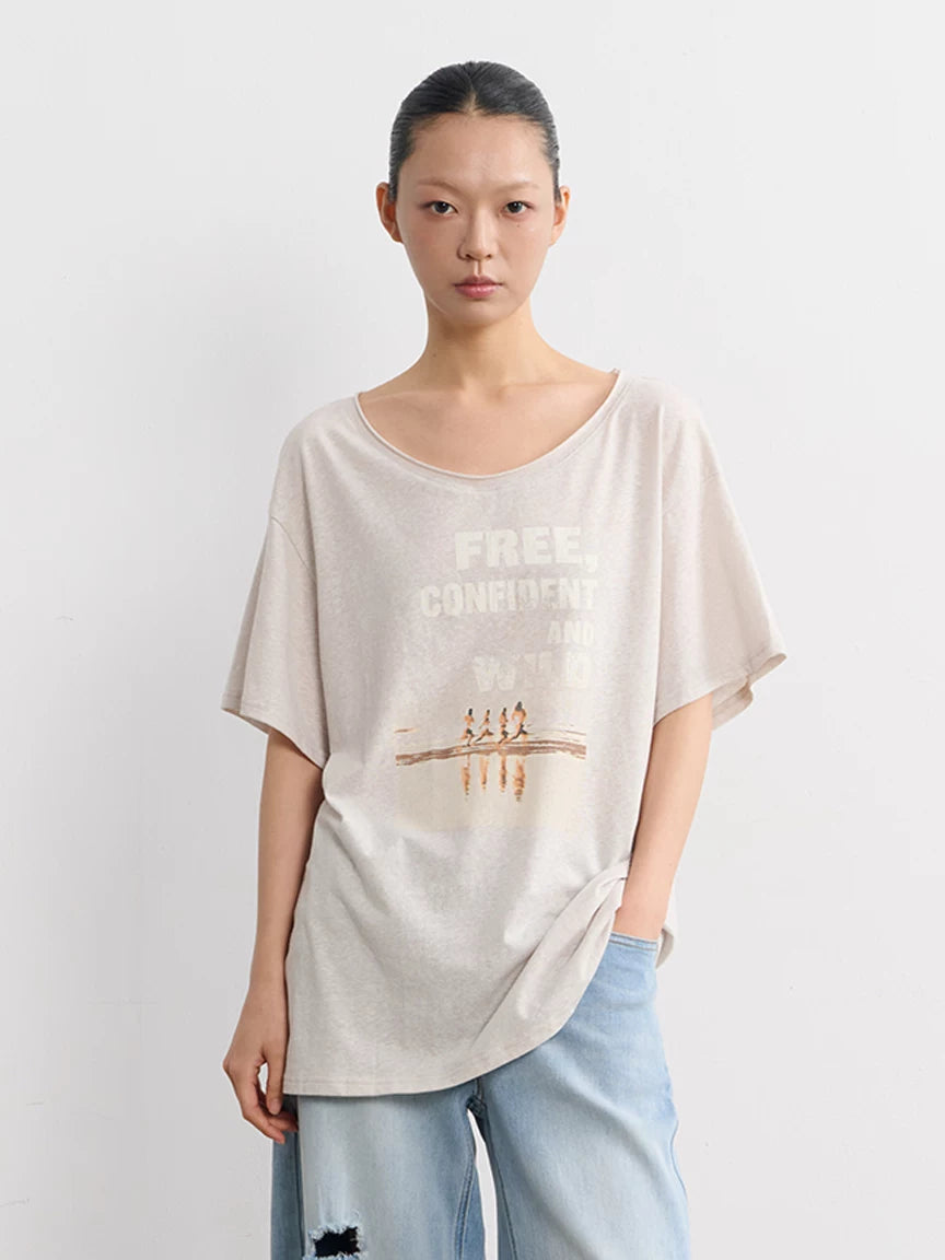 LINY LIBERTY Vintage Curled Round Neck Loose Tee