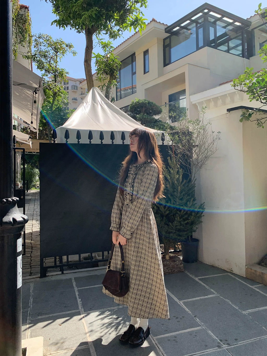 Kano Fungus Edge Collar Bubble Sleeve Plaid Dress
