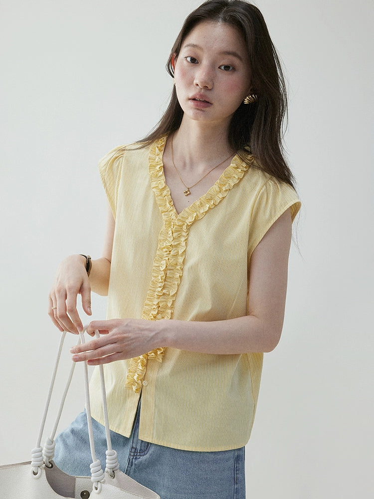 VOOE Fungus Edge V-Neck Striped Small Flying Sleeve Shirt