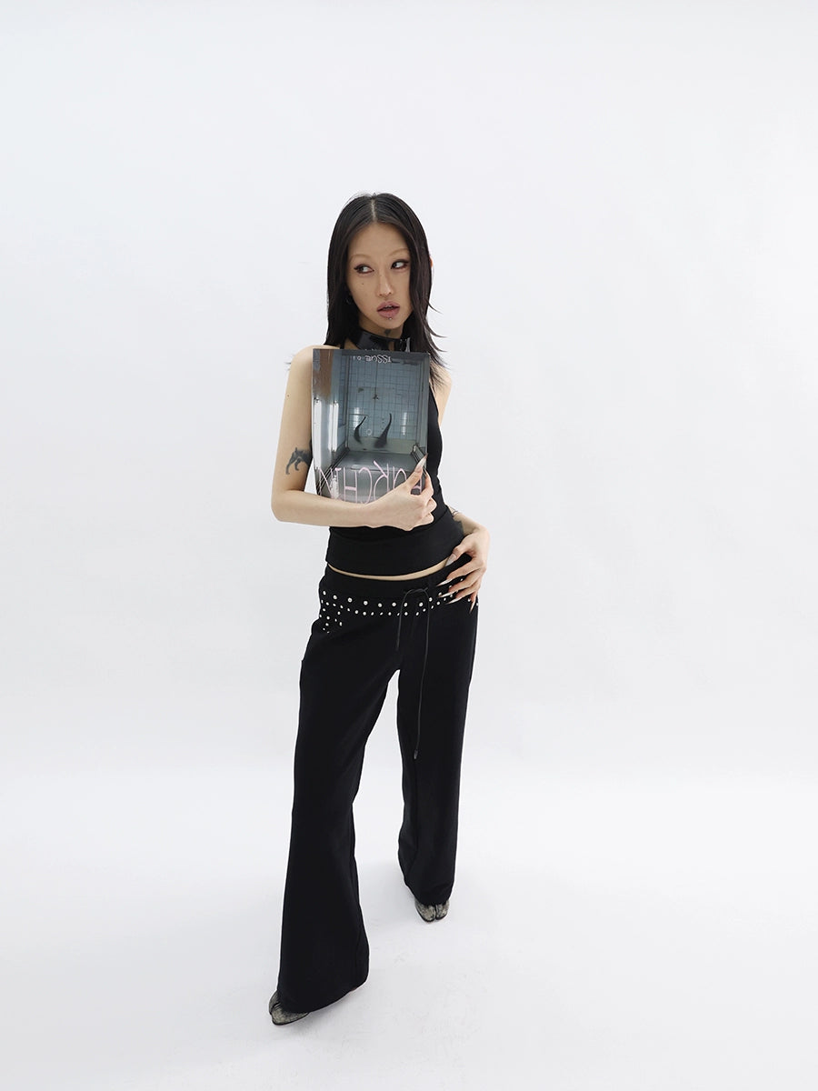 FUZZYKON Low Waist Large Pocket Straight Drawstring Rivet Sweatpants