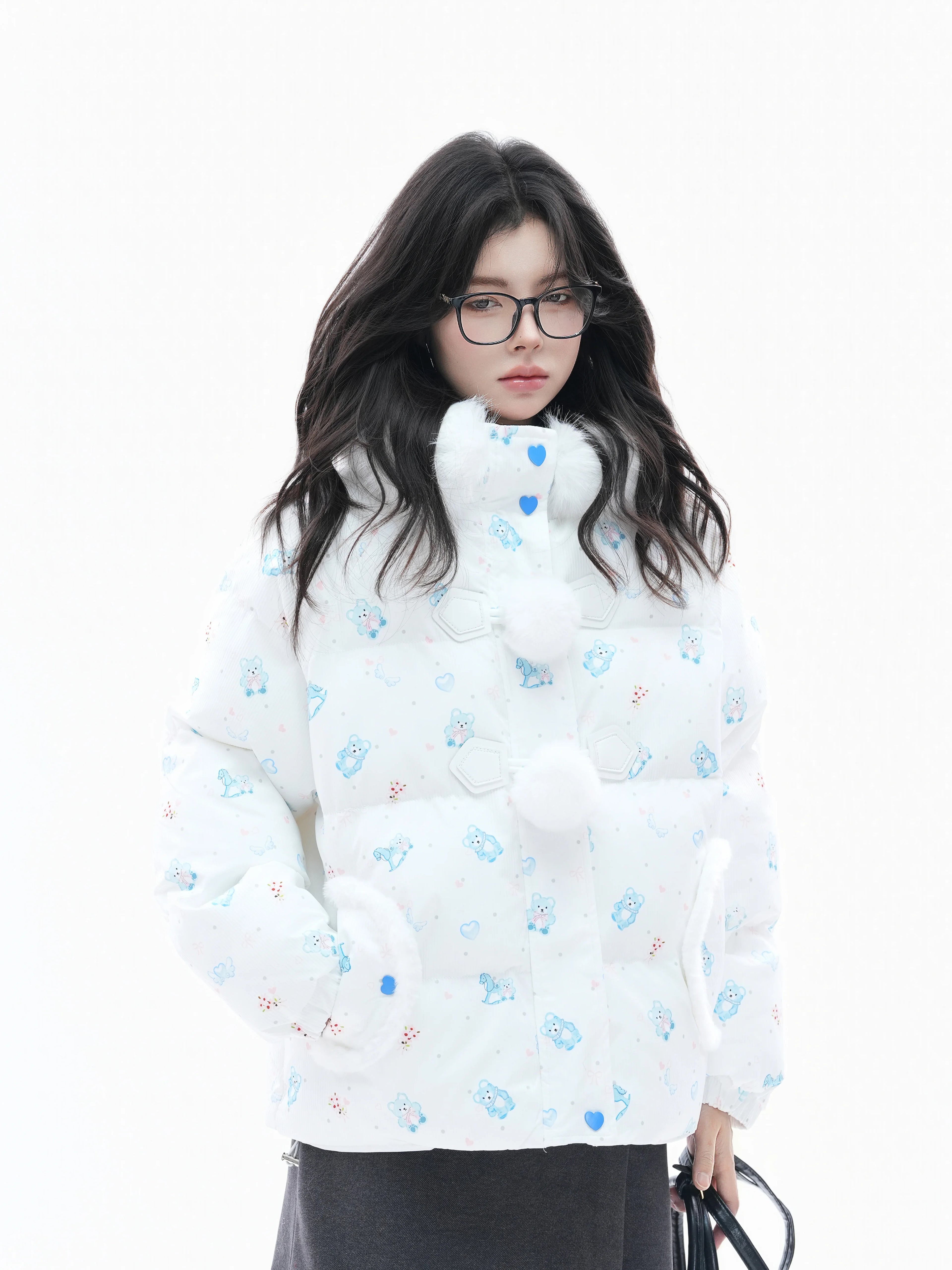 Zuocisankon Cartoon Bear Print Hooded Cotton-padded Coat