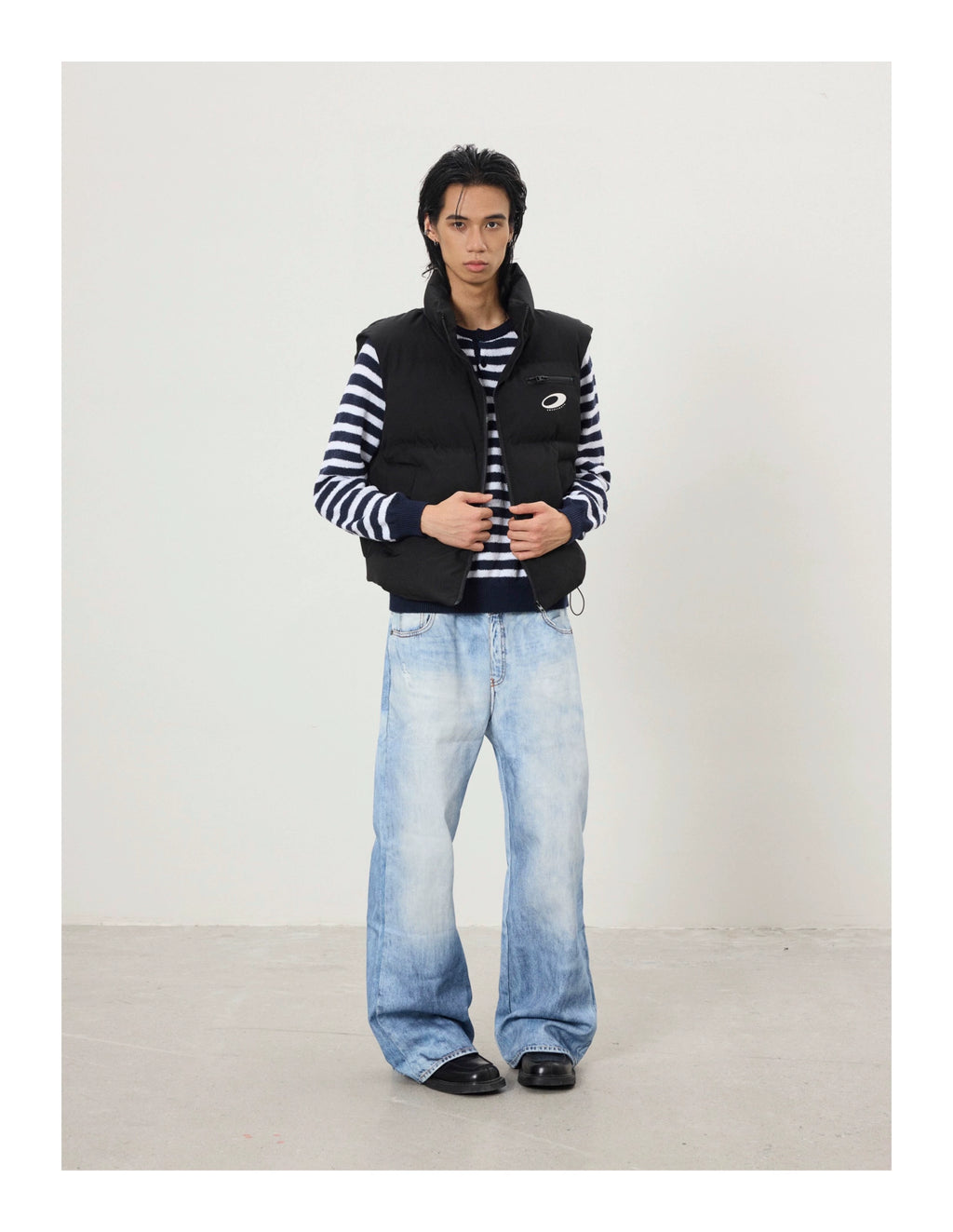 BTSG Retro 3D Printed Double Waist Striped Stitched Jeans