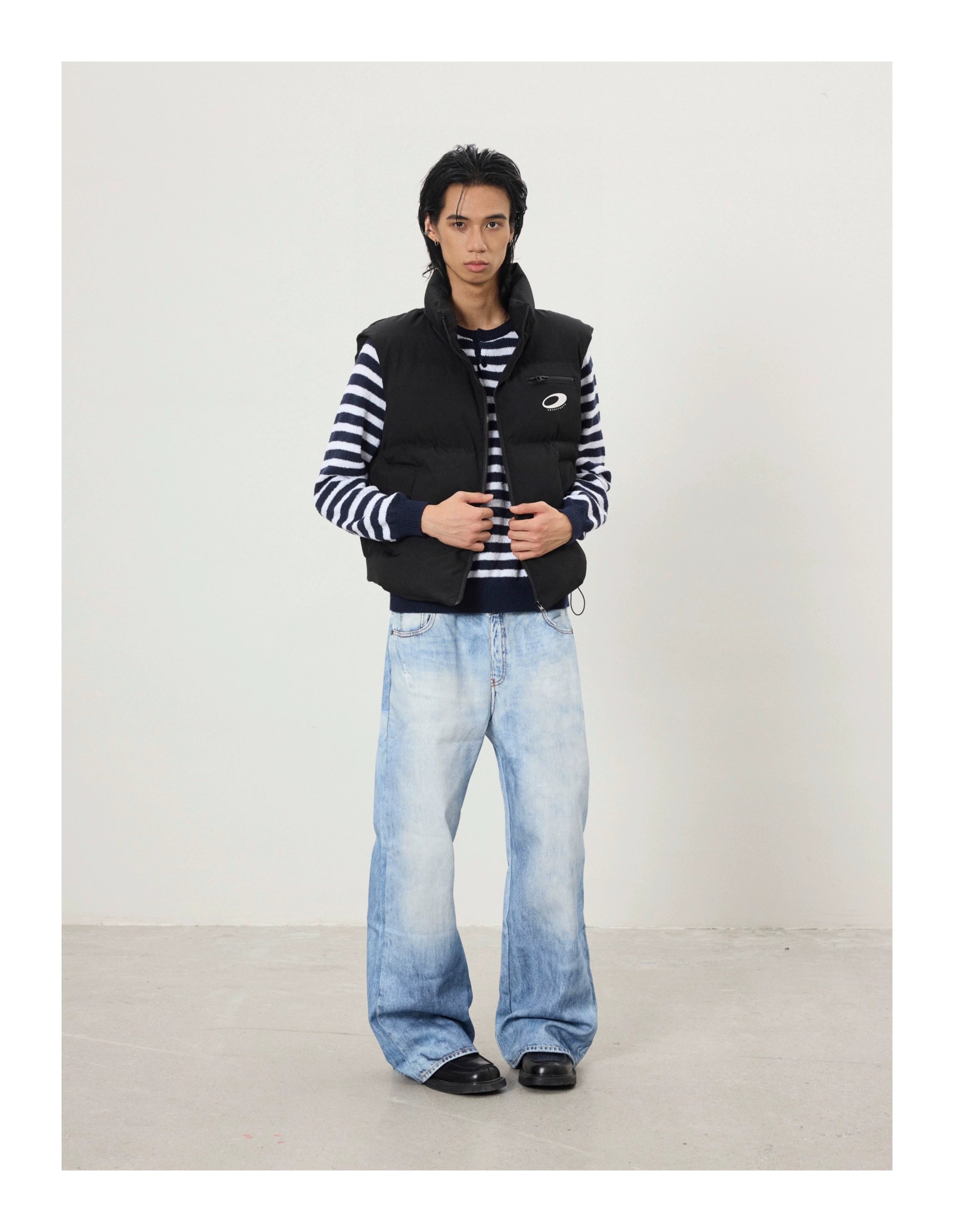BTSG Retro 3D Printed Double Waist Striped Stitched Jeans