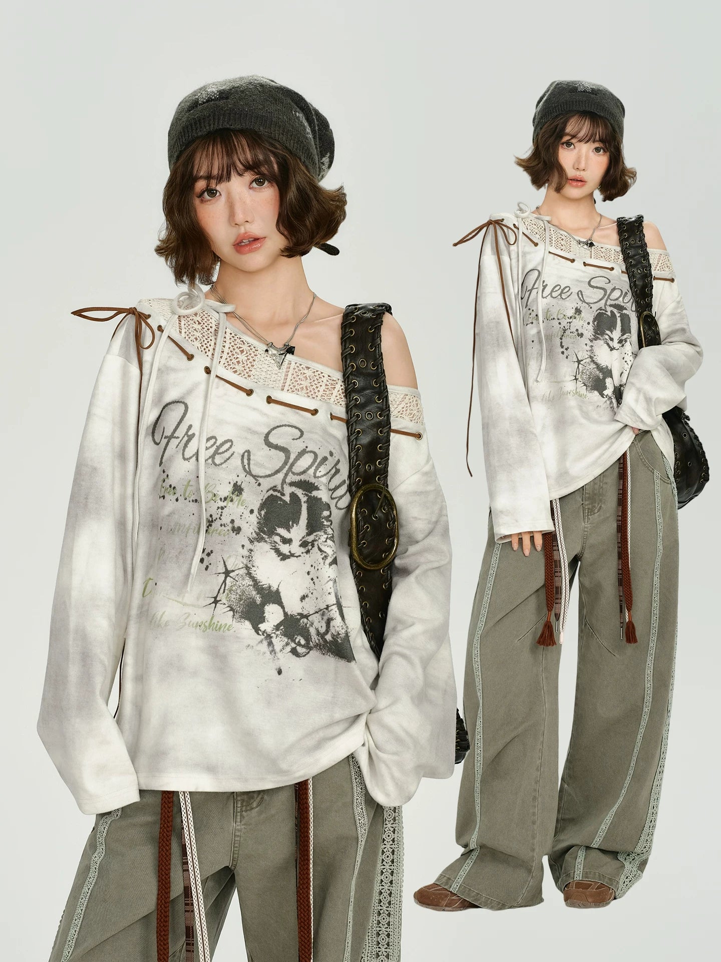 Girlyhalo Vintage Print Splicing Loose Long Sleeves