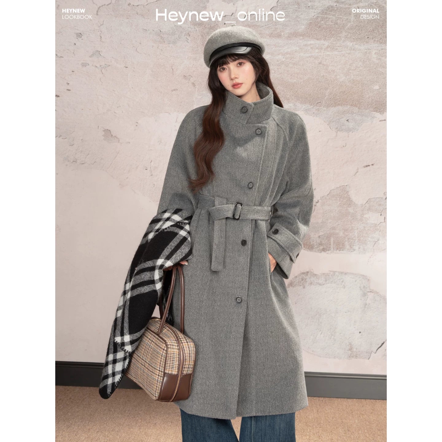 LOVEHEYNEW Stand-up Collar Waist-strapped Woolen Coat