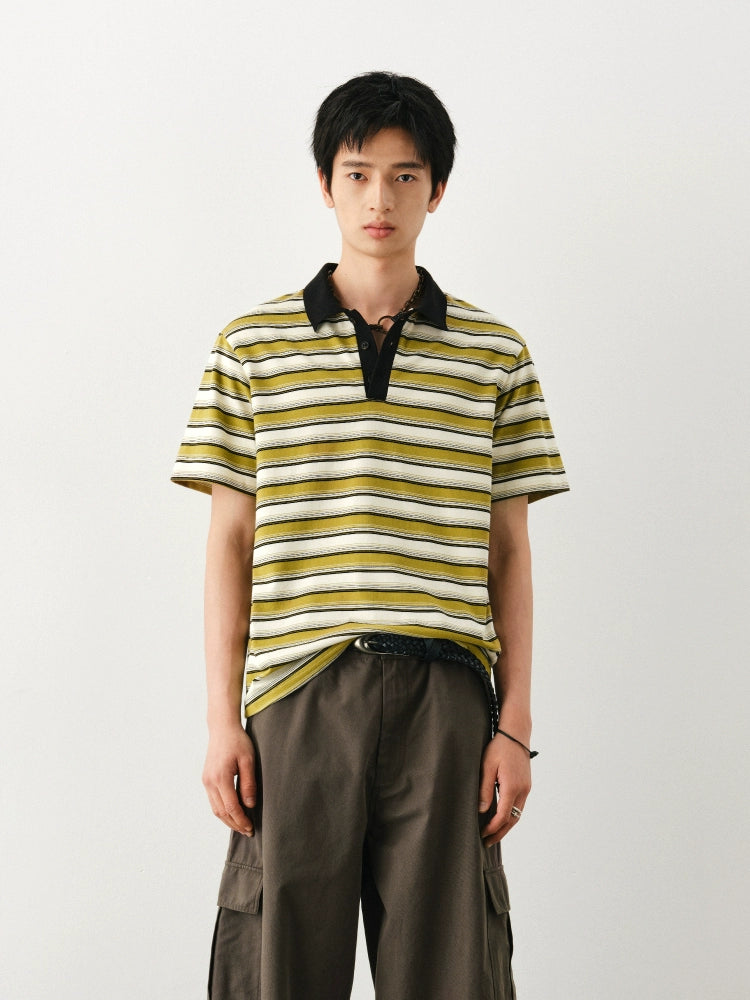 DIMC Spliced Collar Striped Polo Shirt