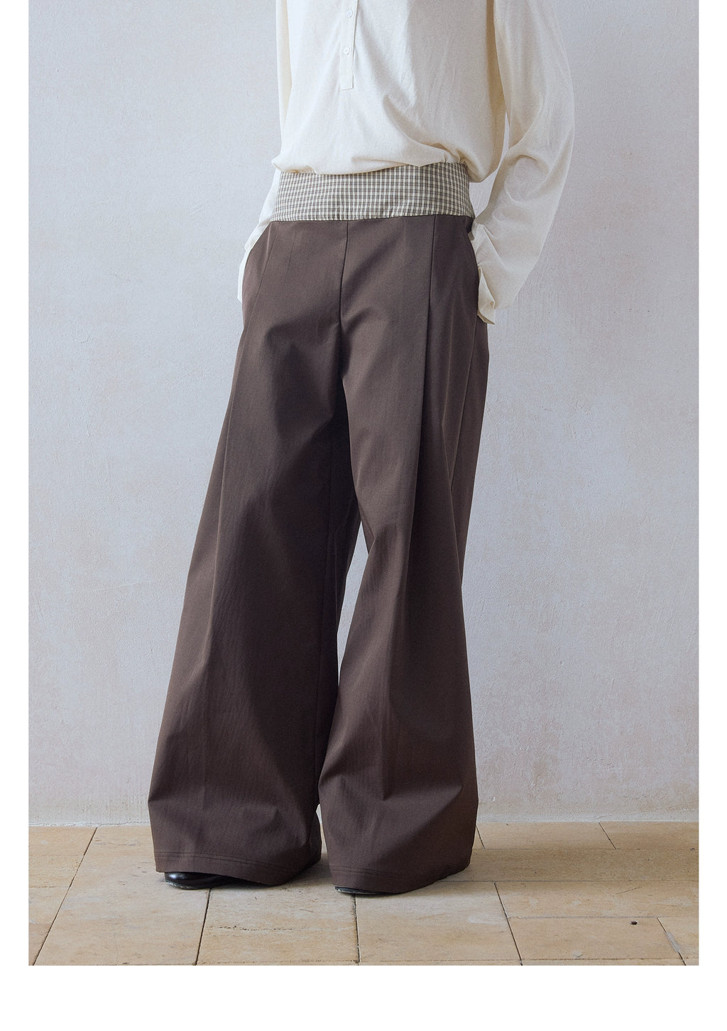 DIMC Checked Stitching Inner Pleated Wide-leg High-waisted Pants