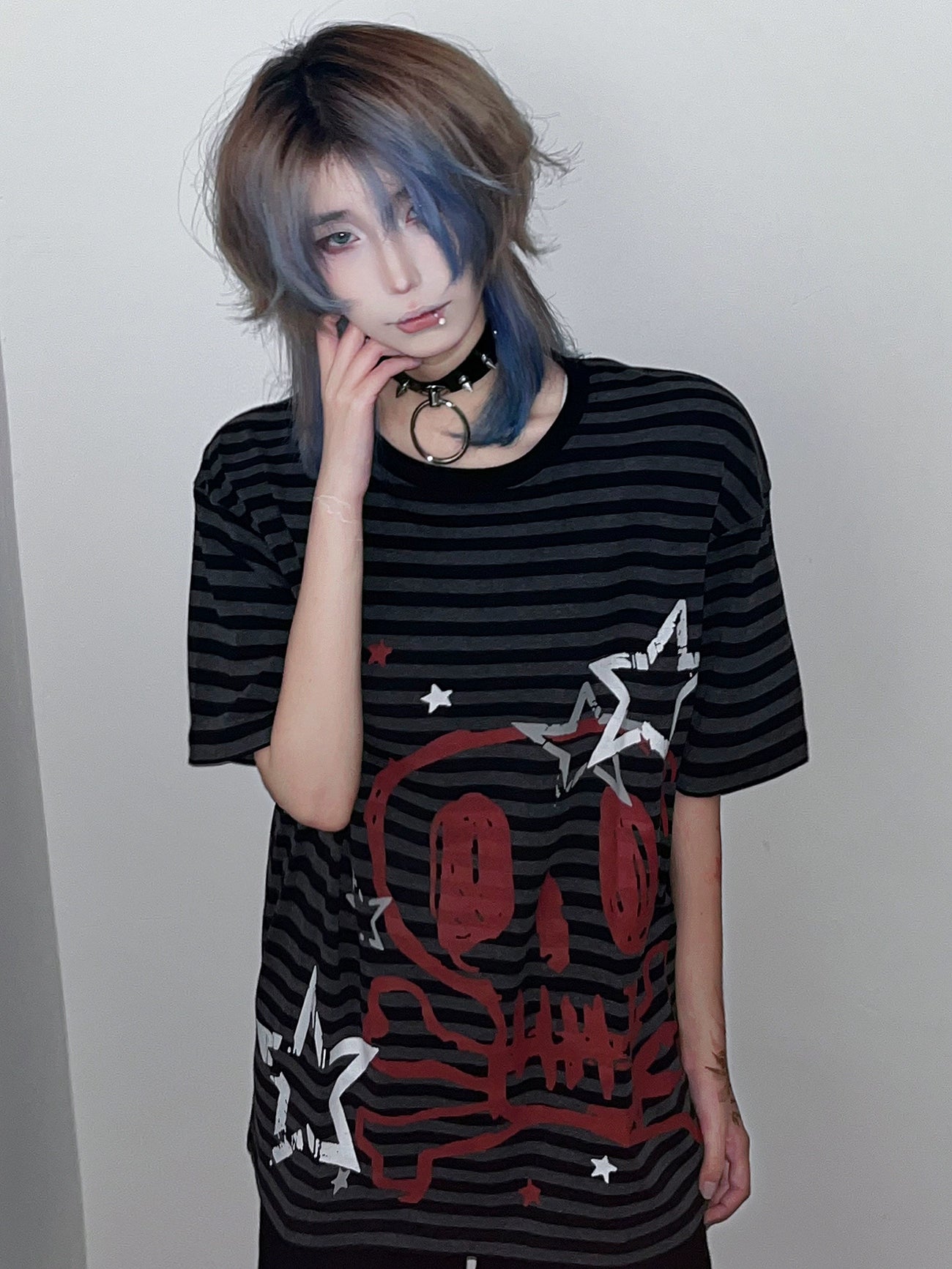 Wetbody Skull Striped Loose Tee