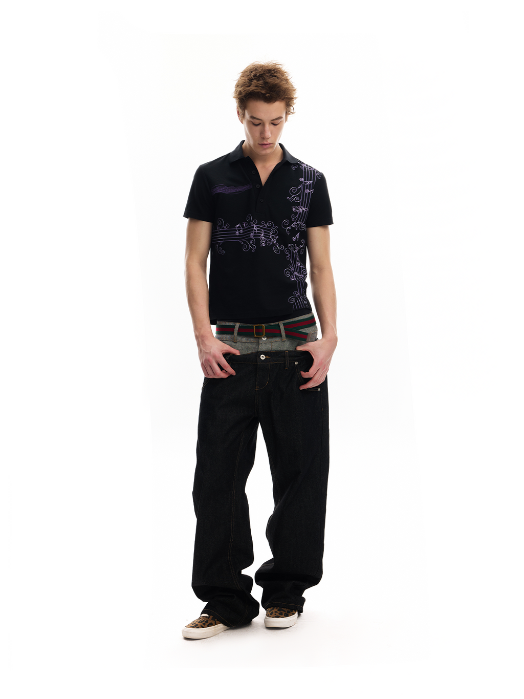 No E Mosen Purple Vine Music Note Print Casual Tee