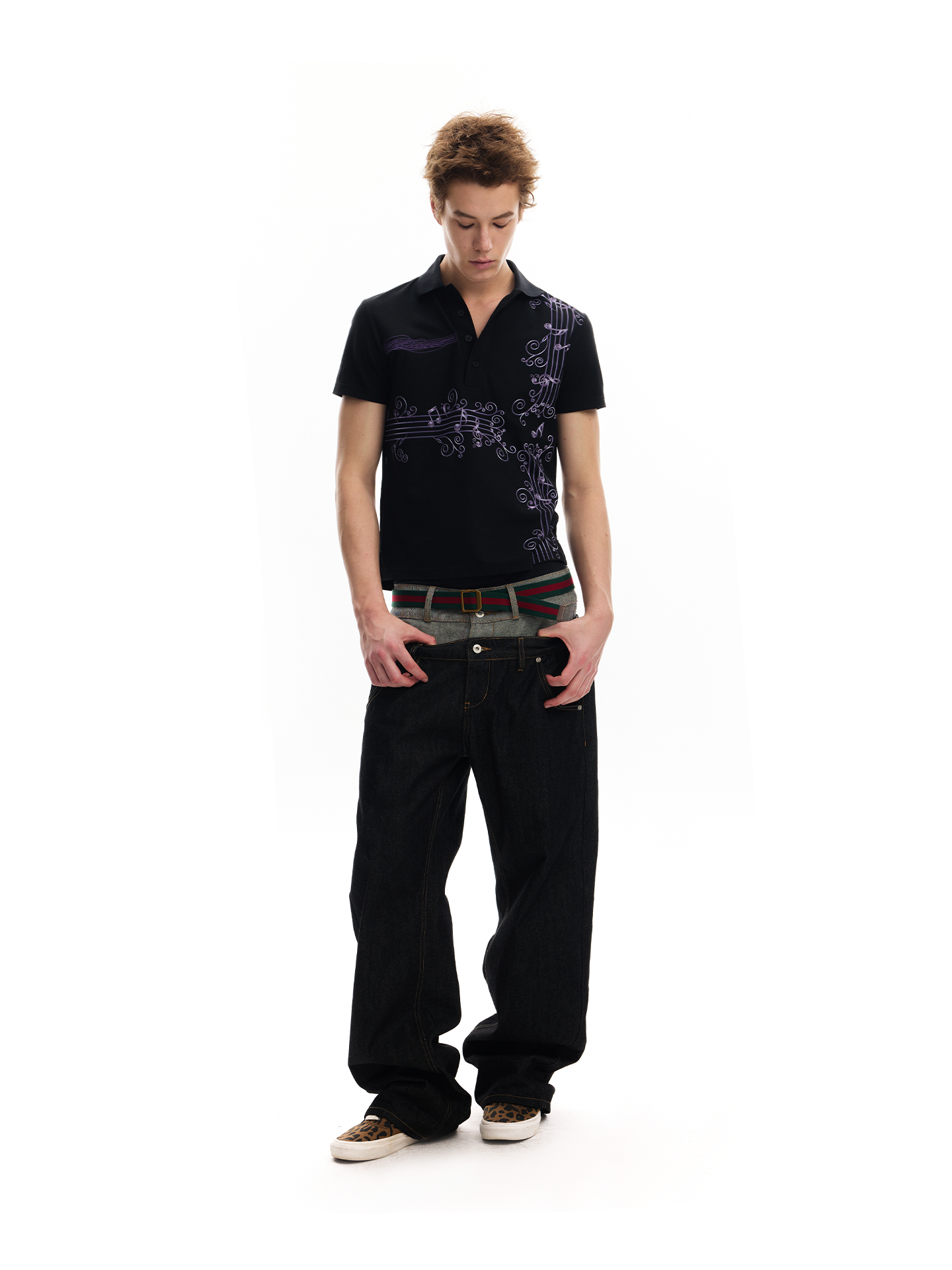 No E Mosen Purple Vine Music Note Print Casual Tee