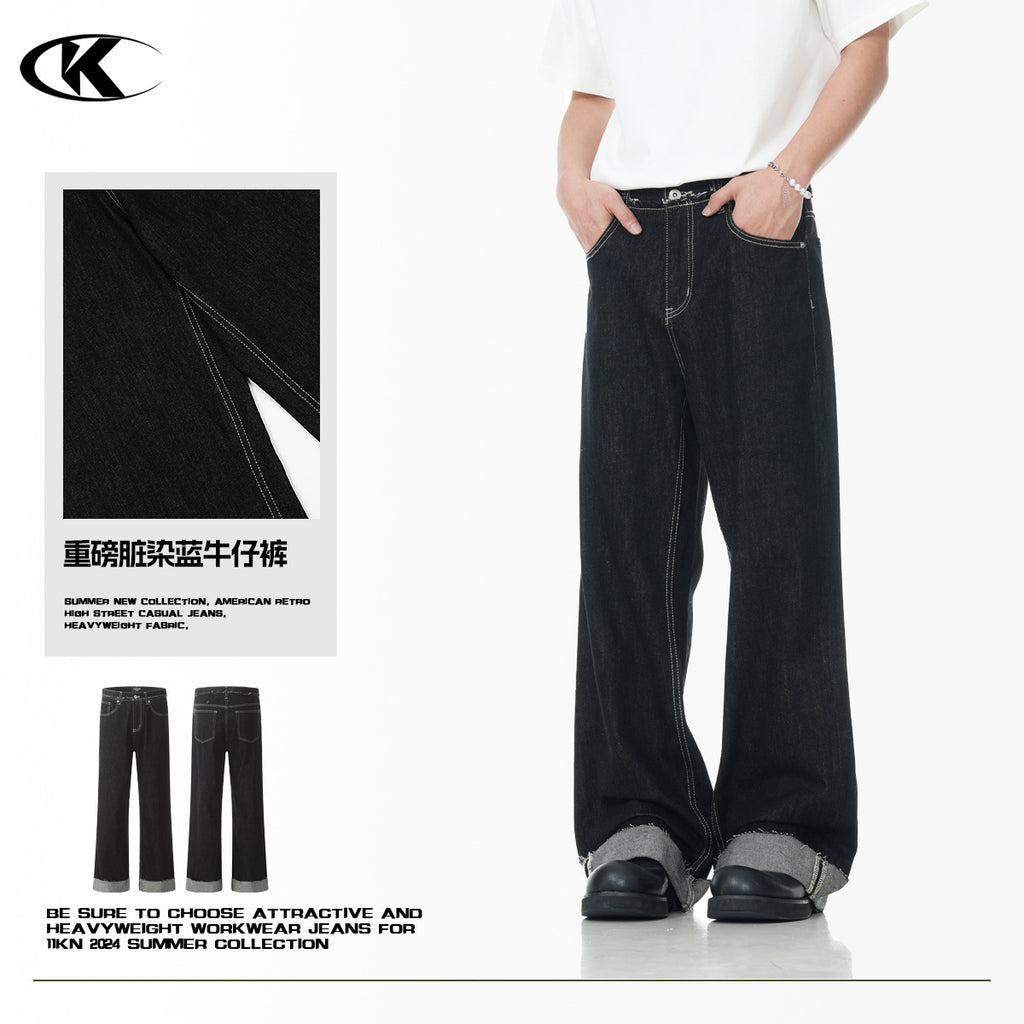 11KN Distressed Stitching Rolled-up Jeans