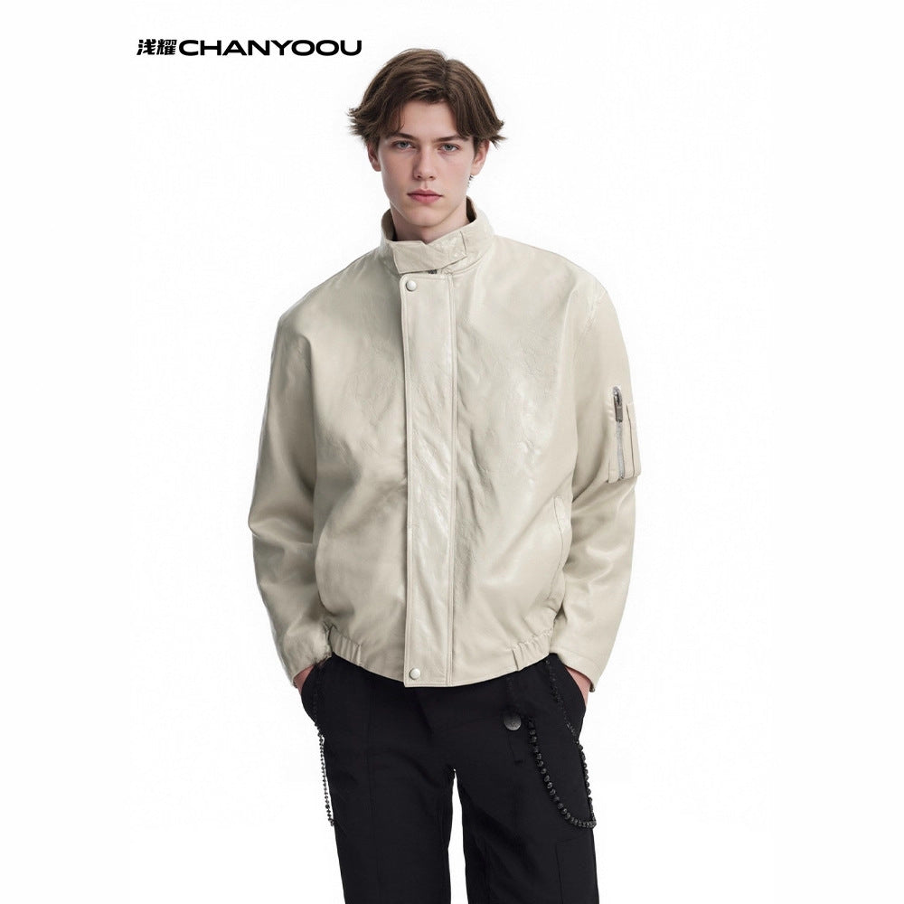 CHANYOOU Vintage Stand-up Collar Leather Jacket