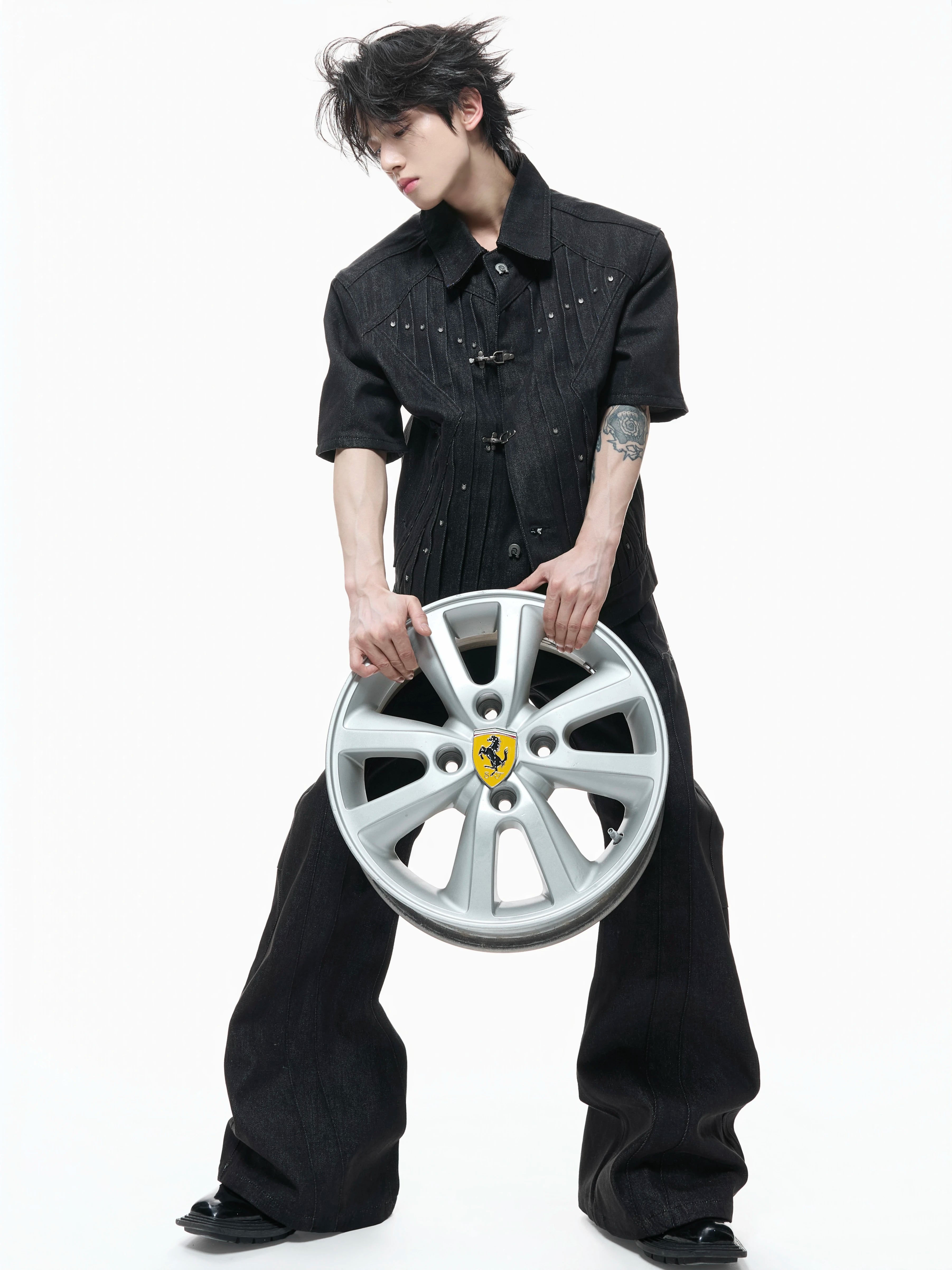 ArguECulturE Pleated Lapel Denim Jacket Micro-pull Jeans Set