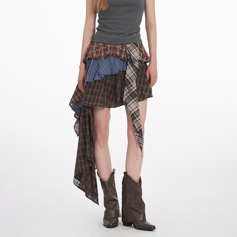 Nariele Irregular High Waist Plaid Splicing Short Skirt