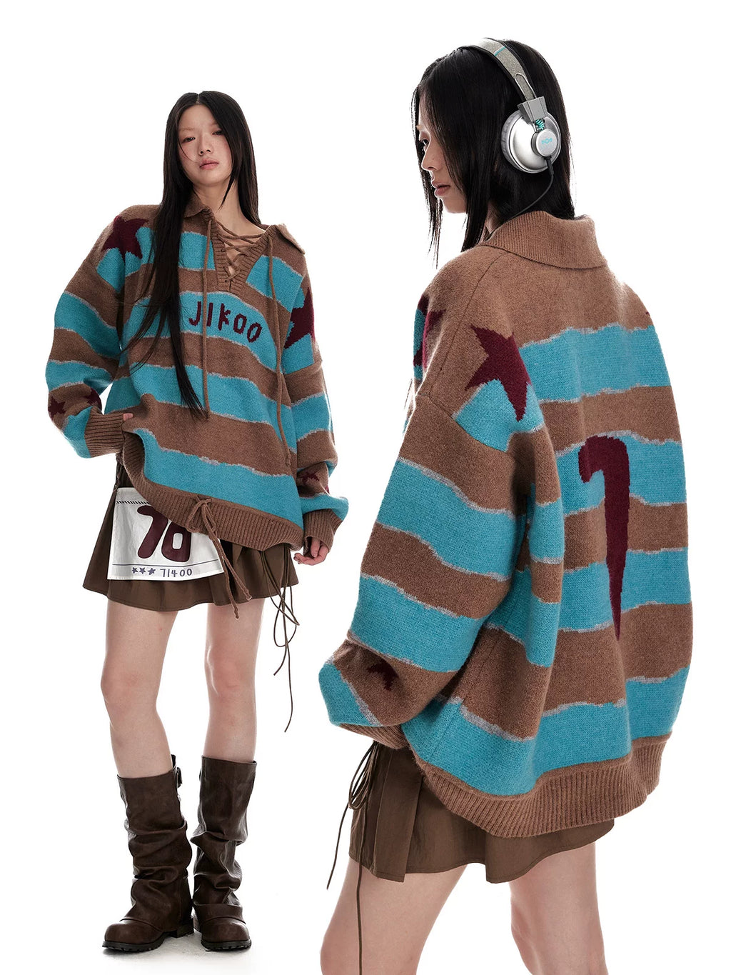 Jikoo Contrasting Color Splicing Jacquard Loose Striped Sweater