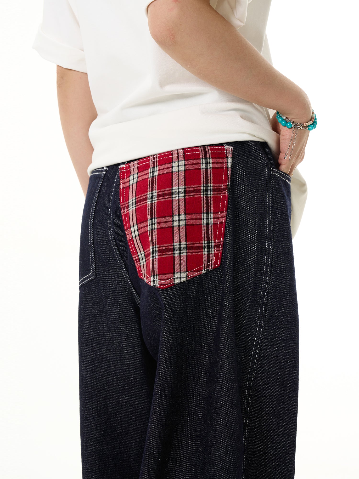 FLYOFF red plaid splicing curled jeans