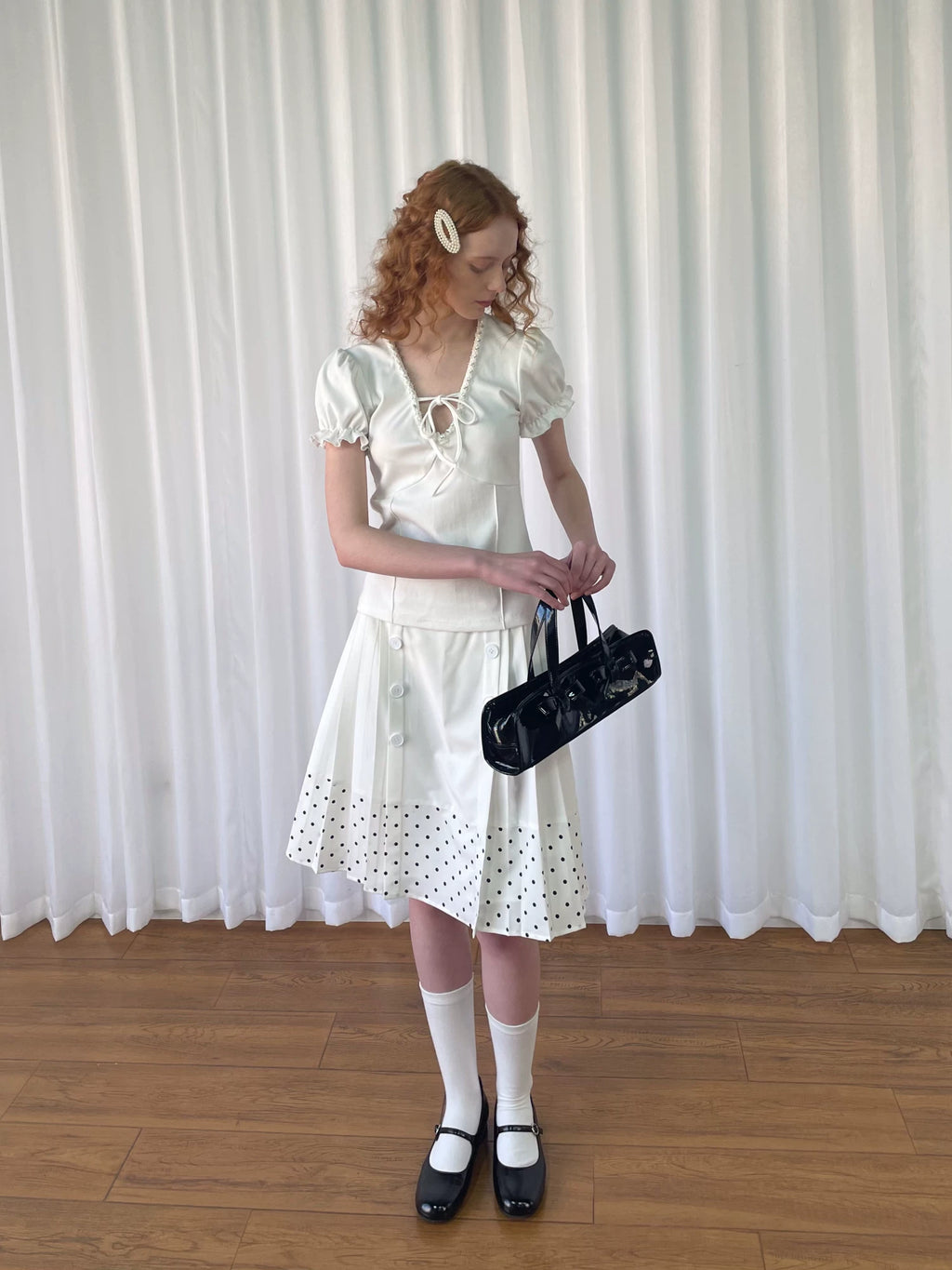 Loosesmell Double Breasted Splicing Polka Dot Crease Skirt
