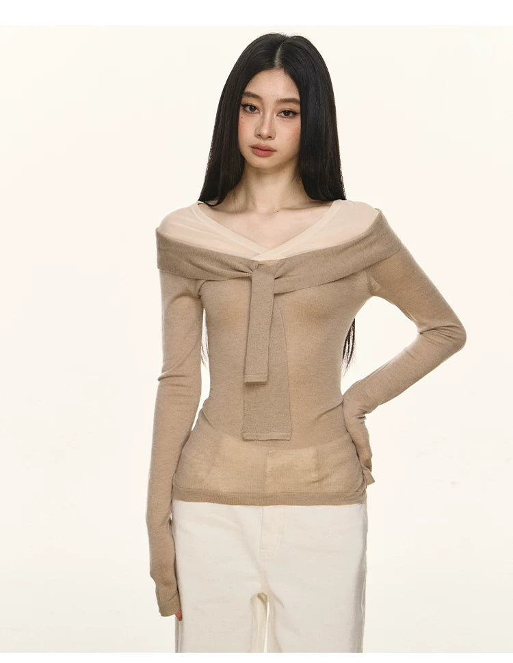 Anna Aneae Fake Two-piece Bow Strap Long Sleeve