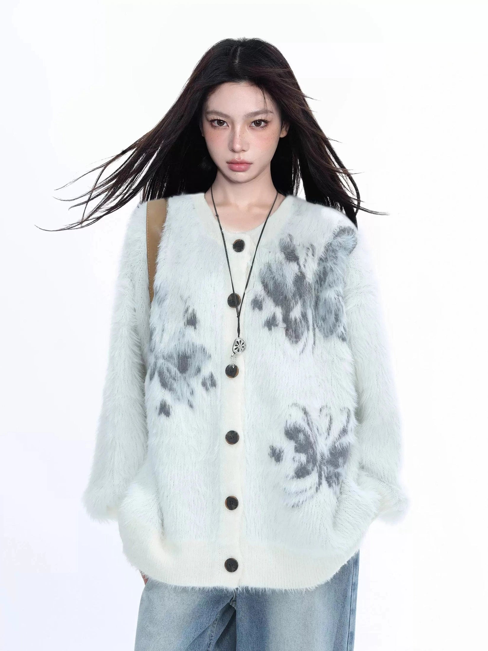 KDASE V-neck Soft Waxy Mink Fleece Knitted Cardigan Jacket