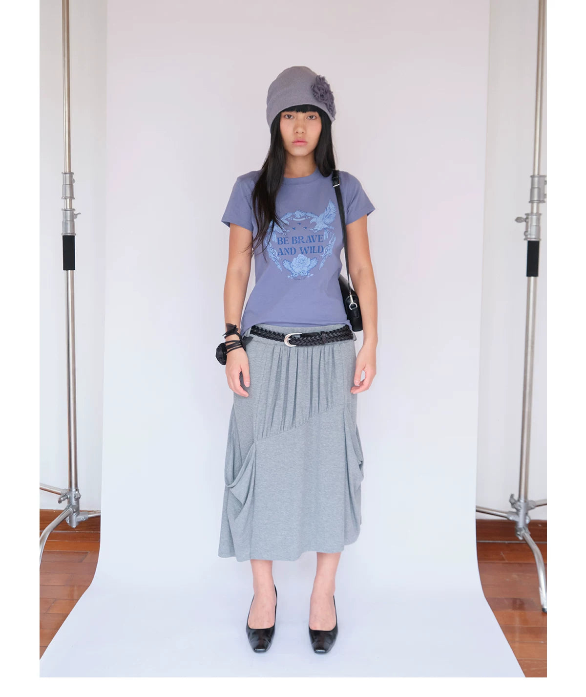 FUNKYFUN Retro Eagle Print High Elastic Front Shoulder Tee