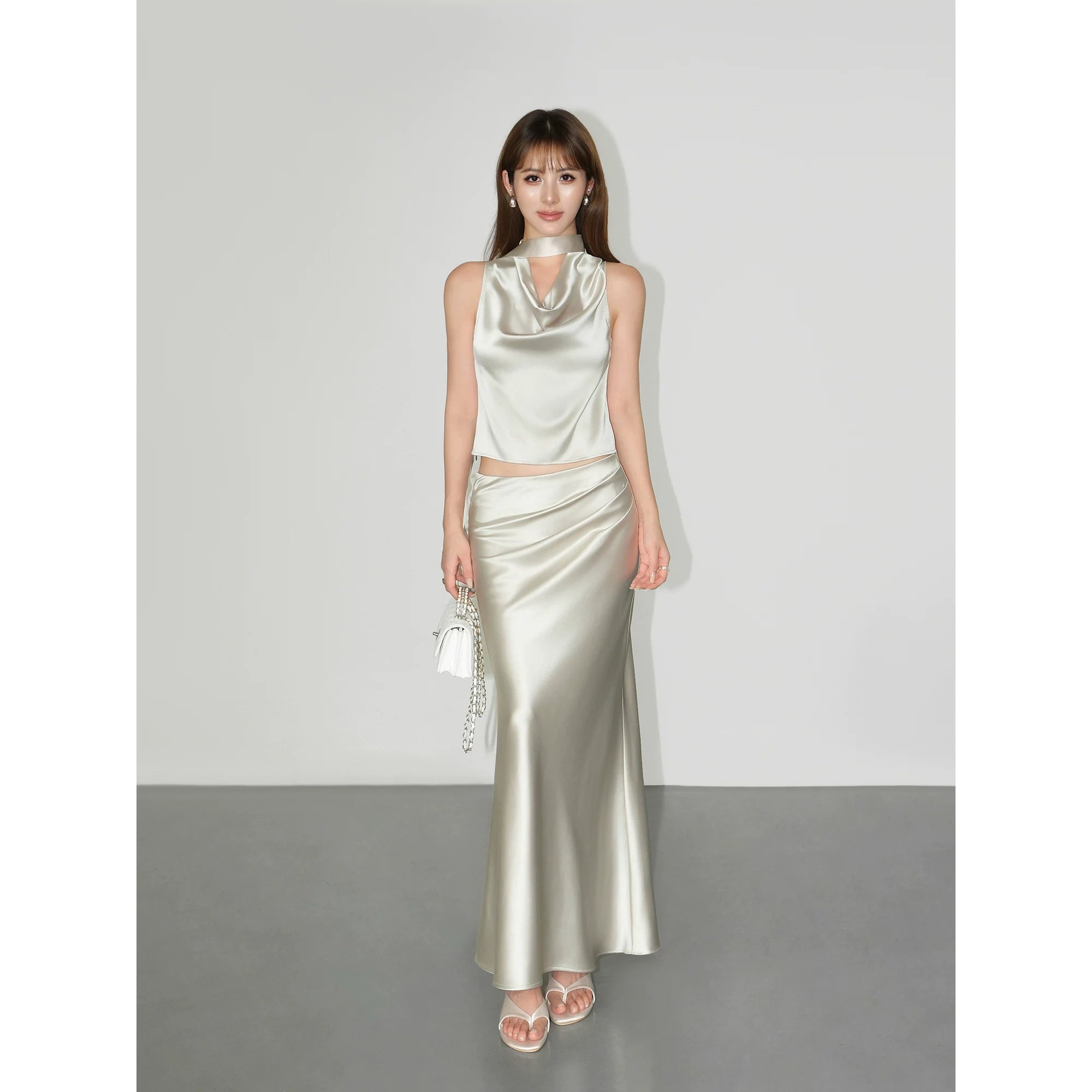 NEVA HU Satin Neck Vest Pinch Pleated Fishtail Skirt Set