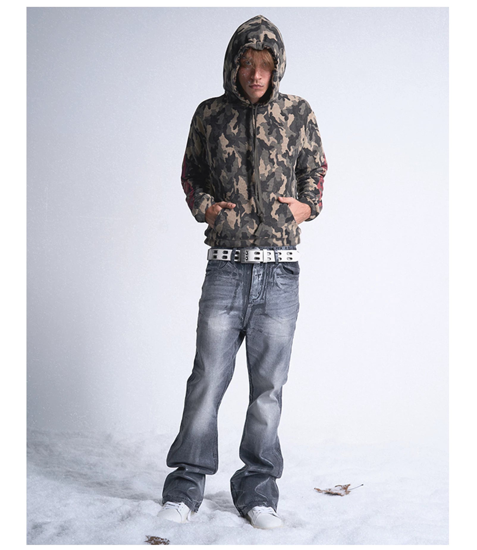 noEmosen flame camouflage waffle hooded fit street sweater
