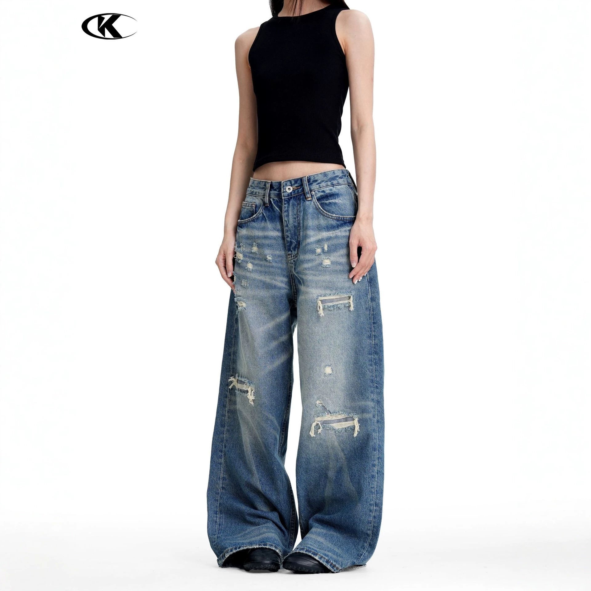 11KN Retro Loose Ripped Straight Mopping Jeans