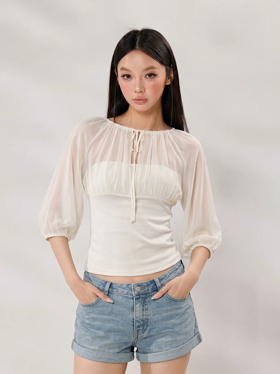 WITHMIN Front Shoulder Waist Thin Fake Two-piece Tee