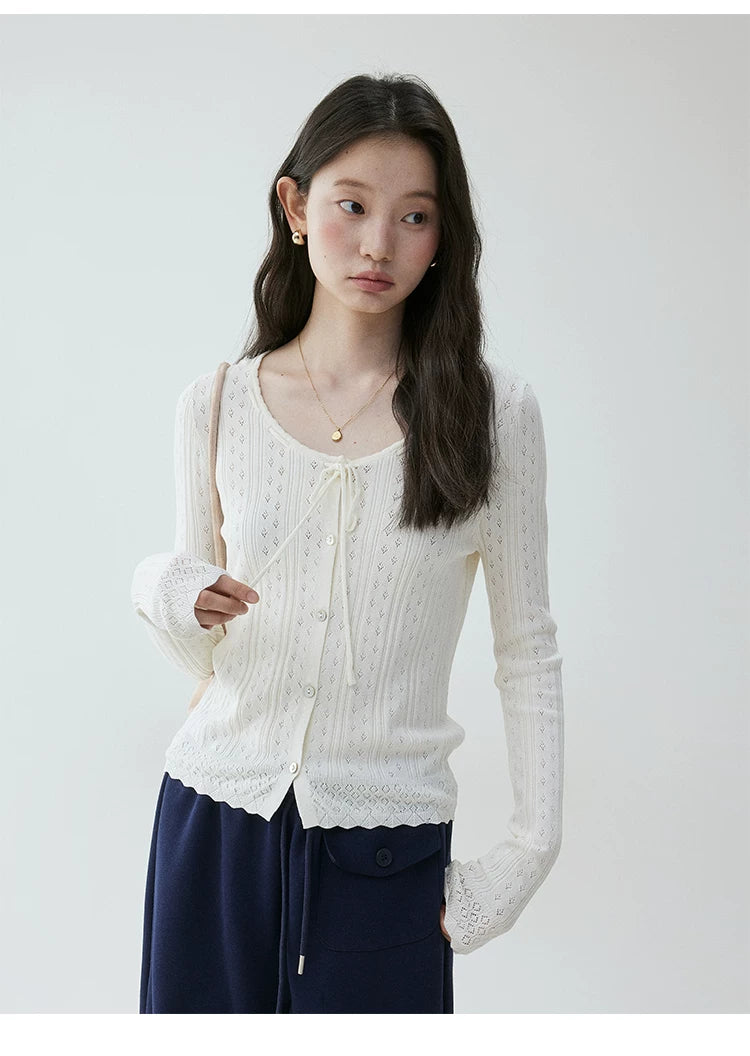 VOOE Round Neck Jacquard Hollow Strap Knitted Long Sleeve