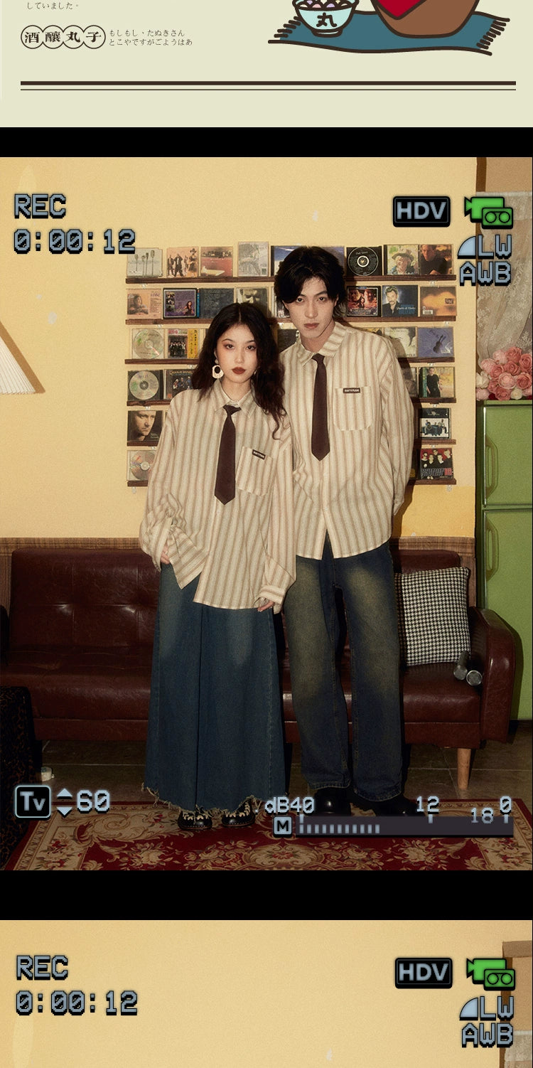 ALOHA Vintage Hong Kong Style Tie Long Sleeve Striped Shirt