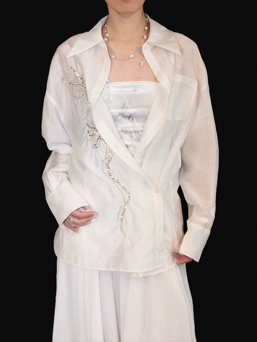 LOUMUTAKU Jacquard Tencel Bead Embroidered Loose Shirt