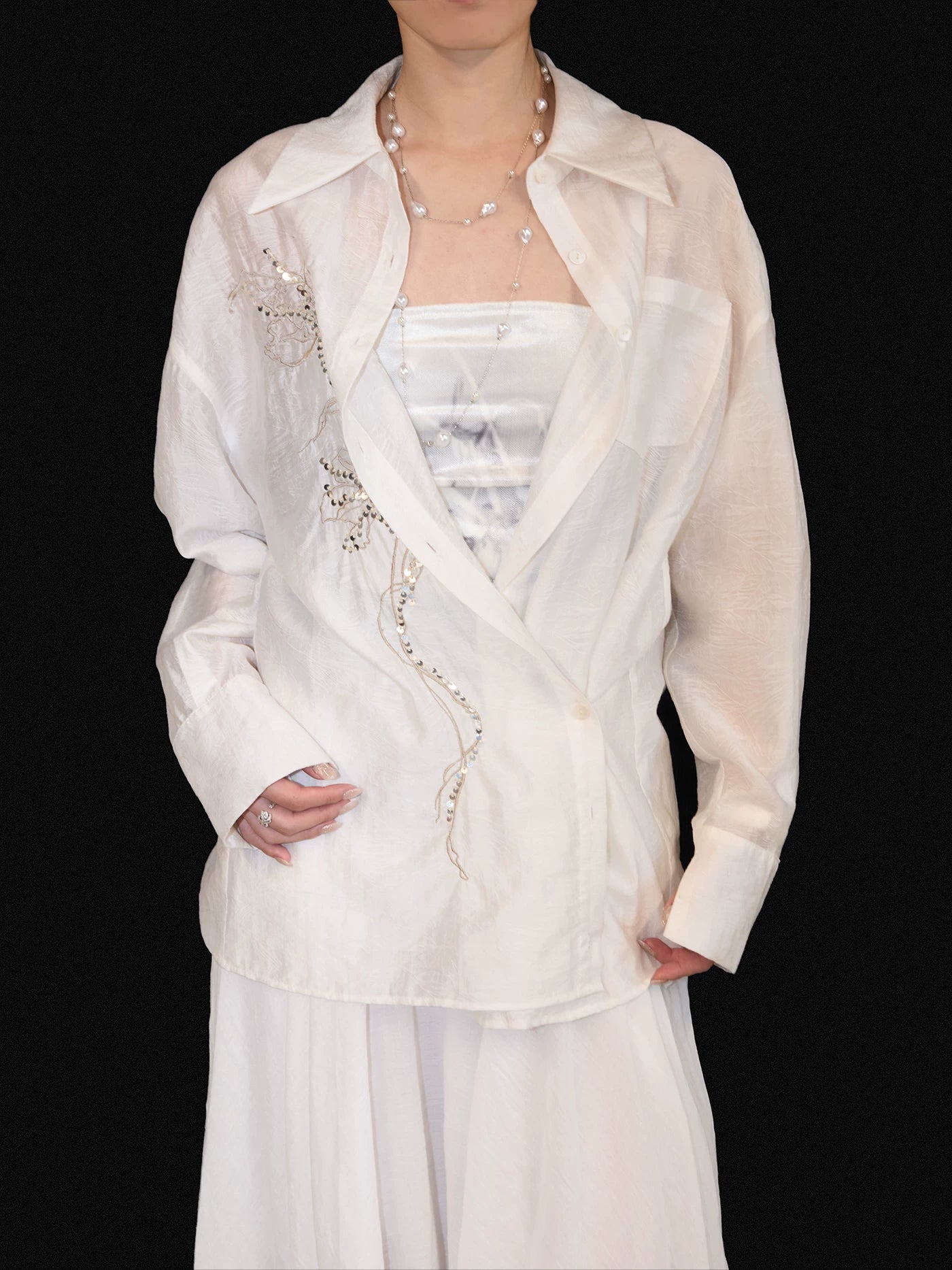 LOUMUTAKU Jacquard Tencel Bead Embroidered Loose Shirt