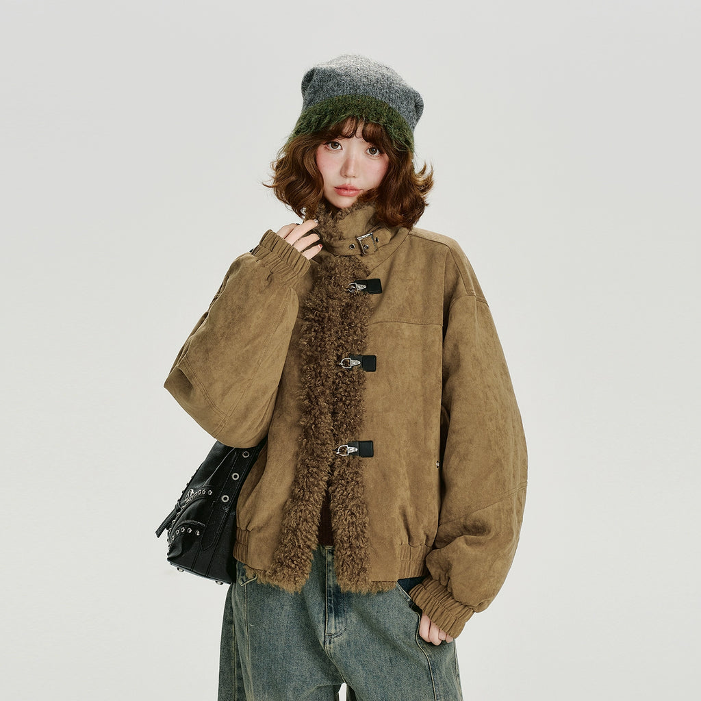 Girlyhalo Vintage Lamb Feather Patchwork Jacket