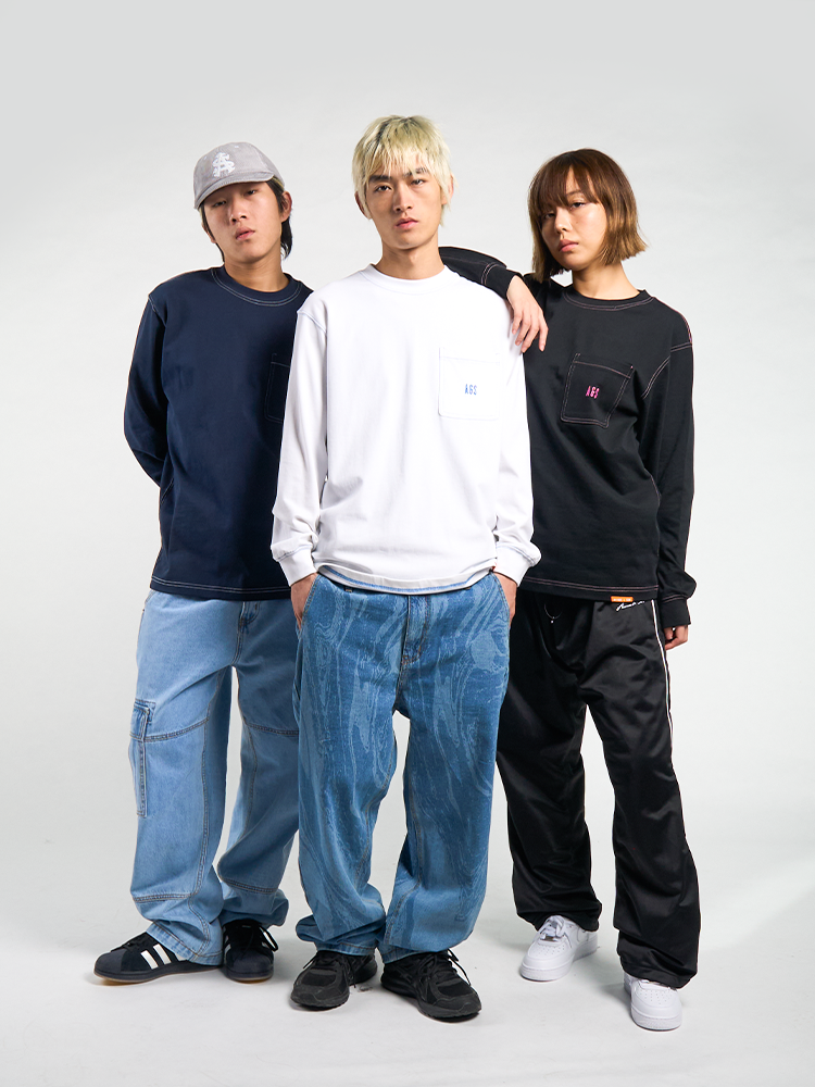 AVENUESON Crew Neck Loose Letter LOGO Pocket Long Sleeve