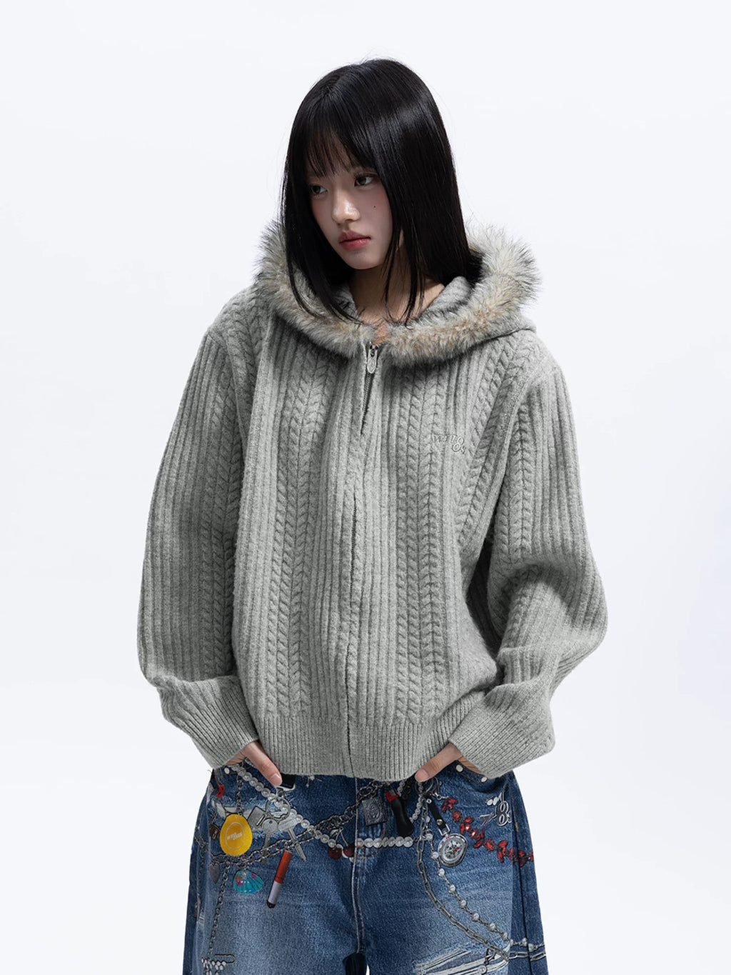 WHOOSIS Vintage Twisted Hooded Cardigan Sweater